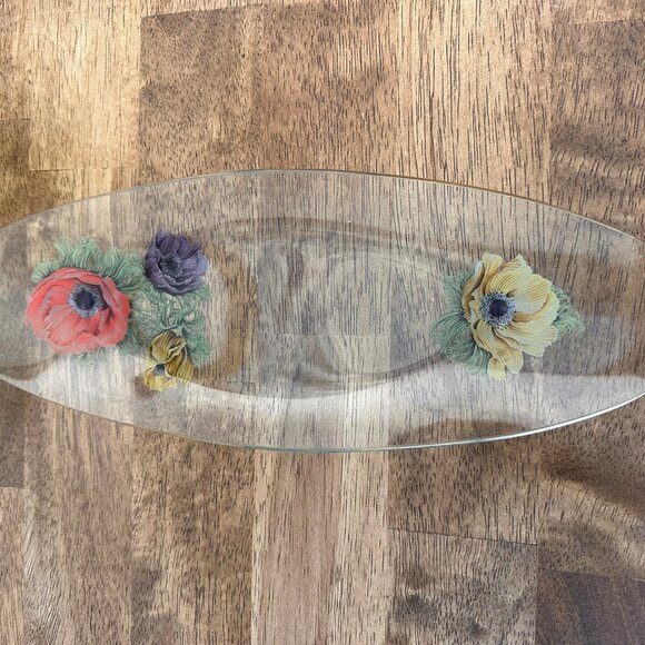Chance Glass Anemone Floral Plates Gold Rim Rectangular and Oval Vintage UK MCM - Picture 5 of 7